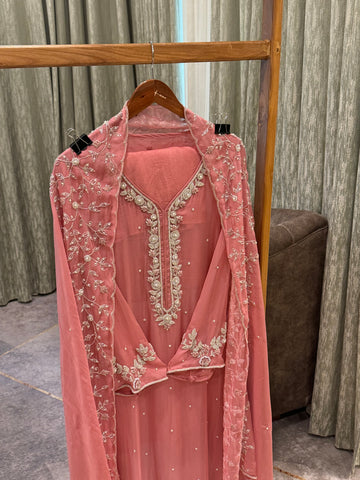 Premium organza  handwork suit with bottom and organza  hand  worked dupatta-1098