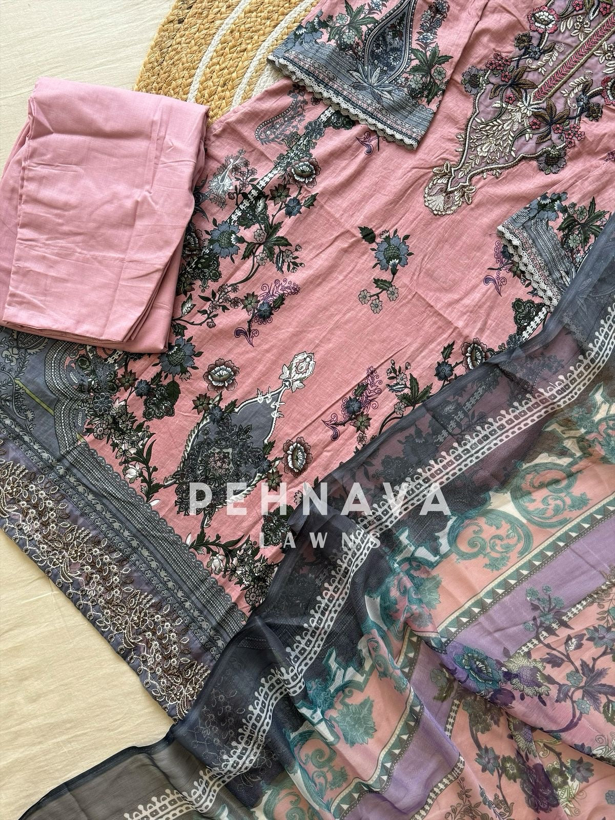 Pakistani printed cotton suit with embroidered patches -9085