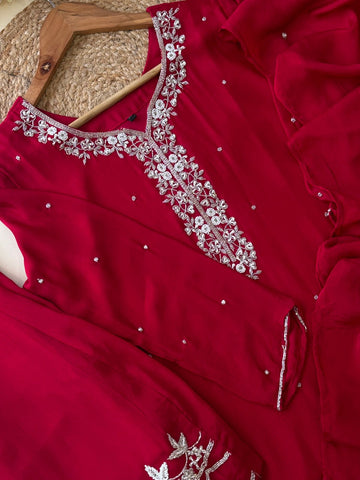 Red handworked suit with palazzo handworked bottom