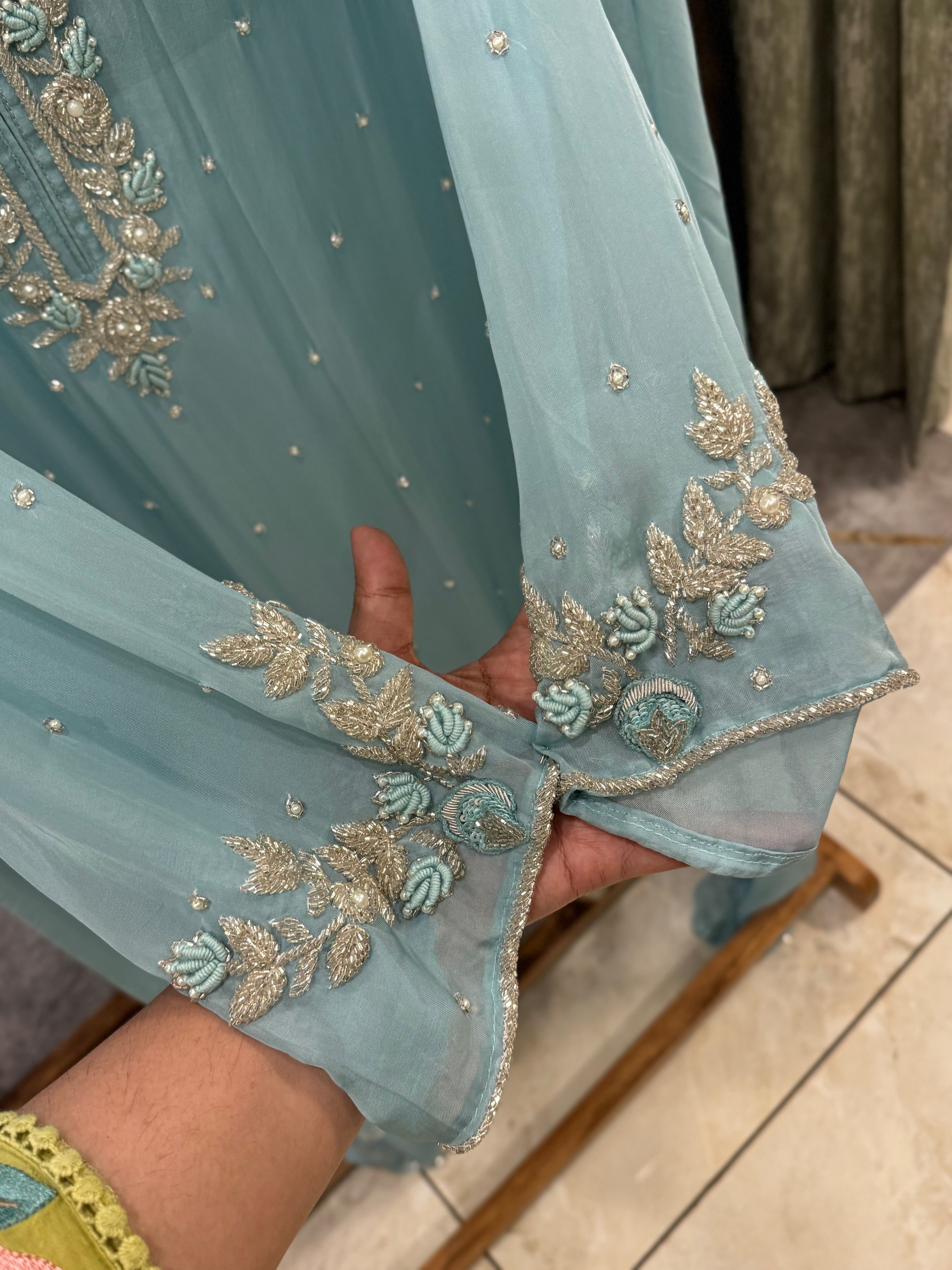 Premium organza  handwork suit with bottom and organza  hand  worked dupatta-1098