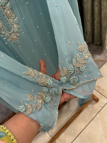 Premium organza  handwork suit with bottom and organza  hand  worked dupatta-1098