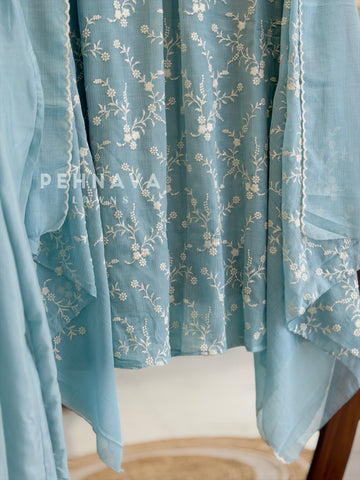 Pleated Yoke Floral Embroidered Suit