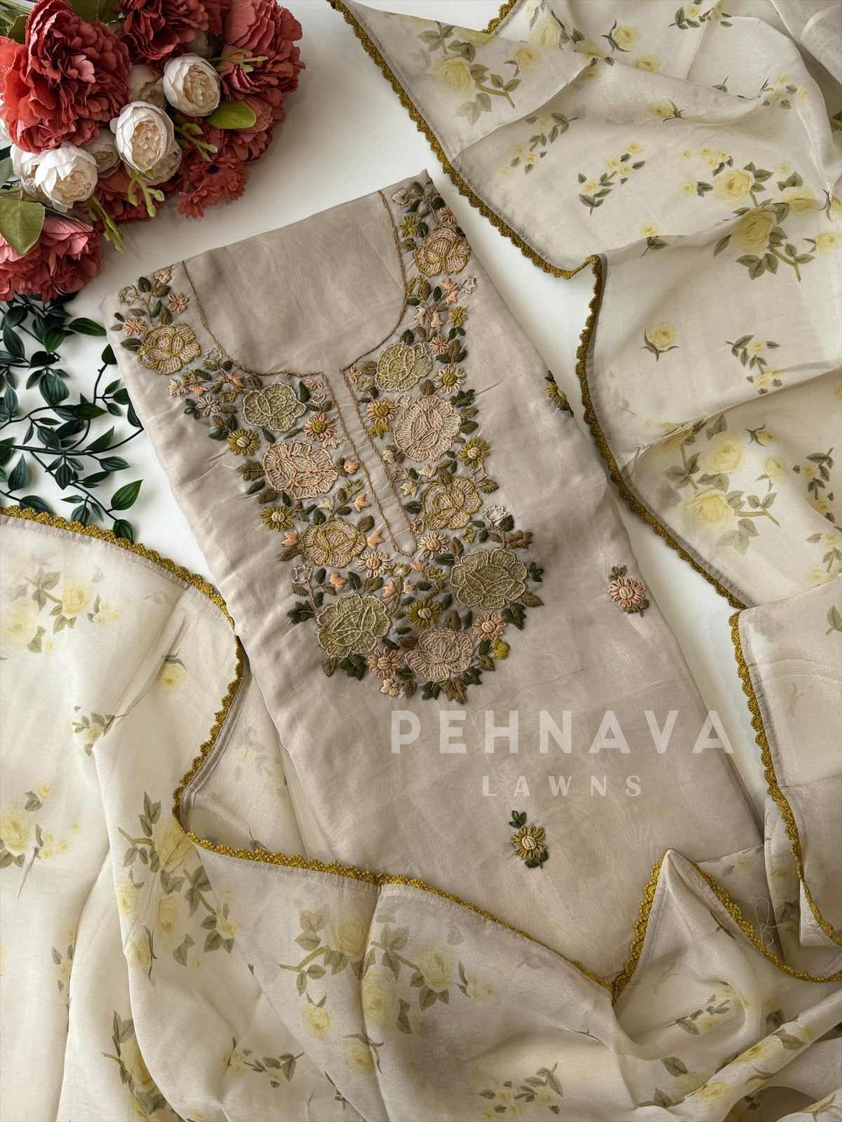 Premium Crushed Tissue Embroidered Unstitched Suit No.2 - Pehnava Lawns
