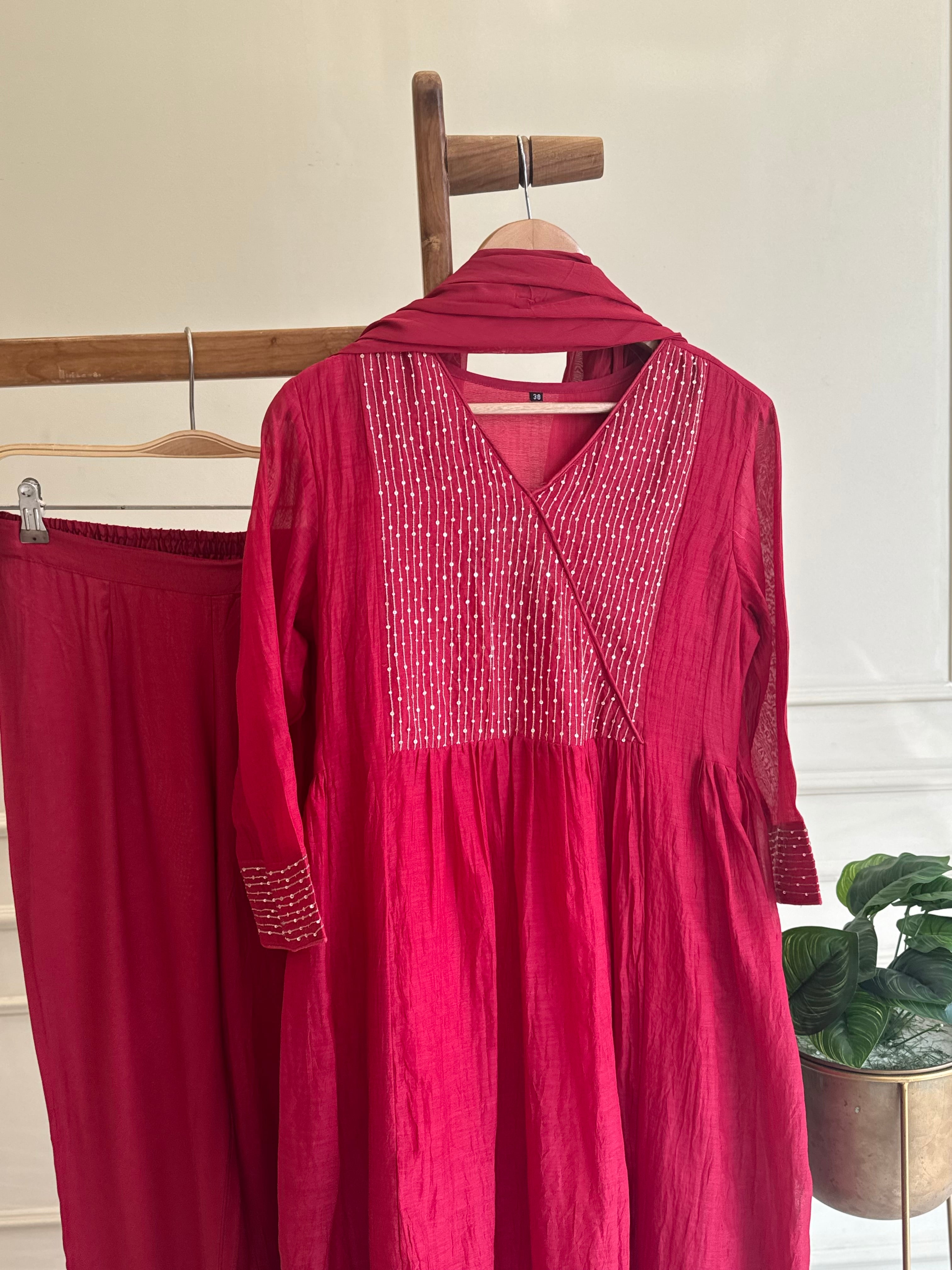 Premium mul chandheri handworked anarkali suit -cherry red 4426