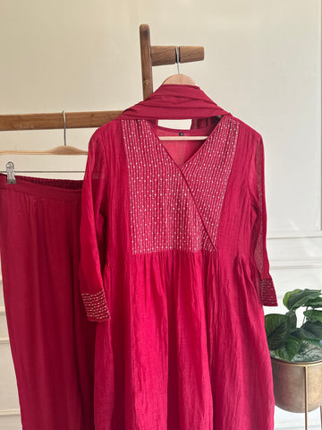 Premium mul chandheri handworked anarkali suit -cherry red 4426