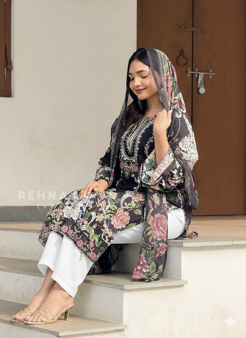 Floral Black Embroidery Suit-1351 - Pehnava Lawns