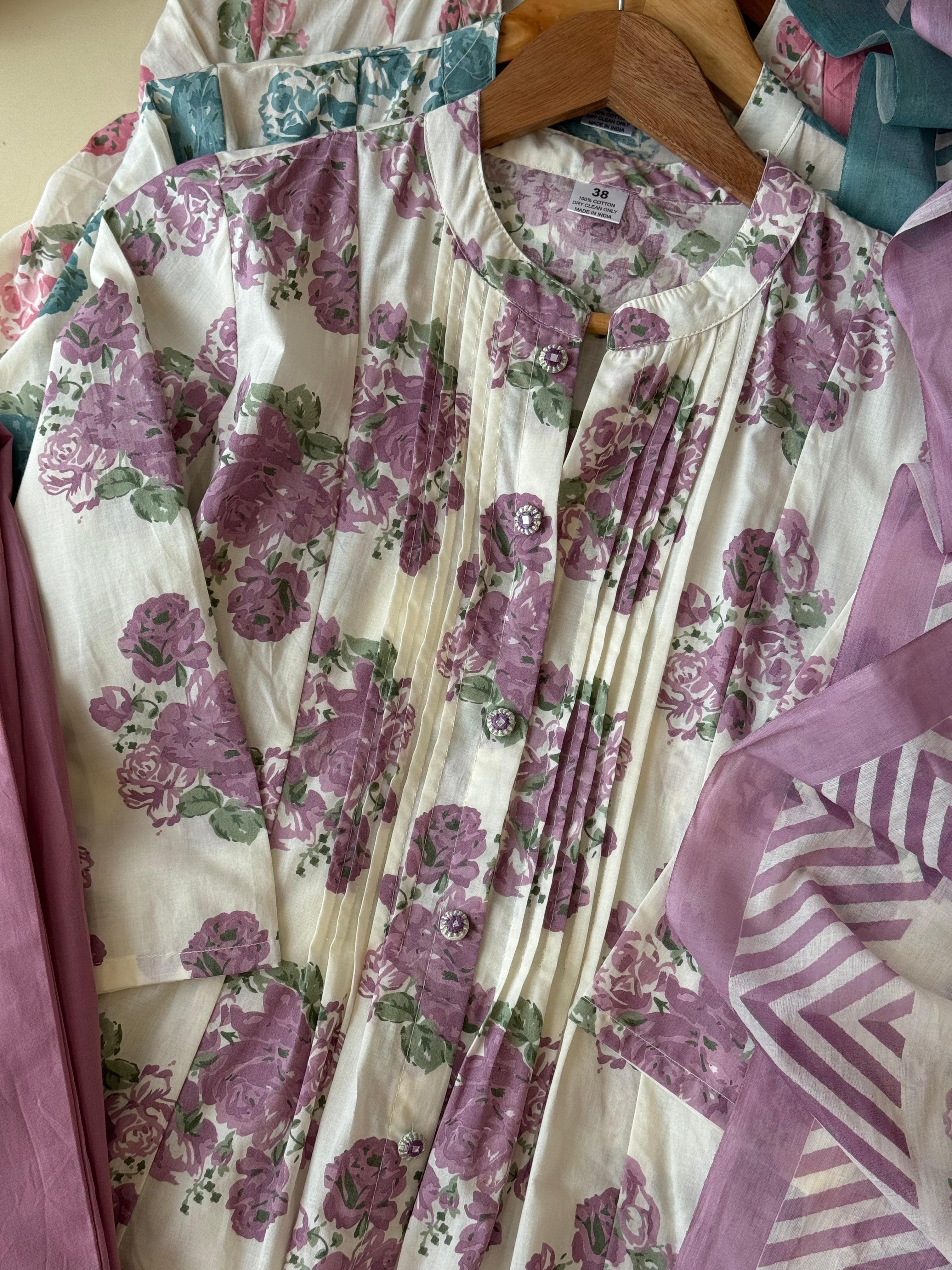Pure cotton floral pleated Anarakali suit