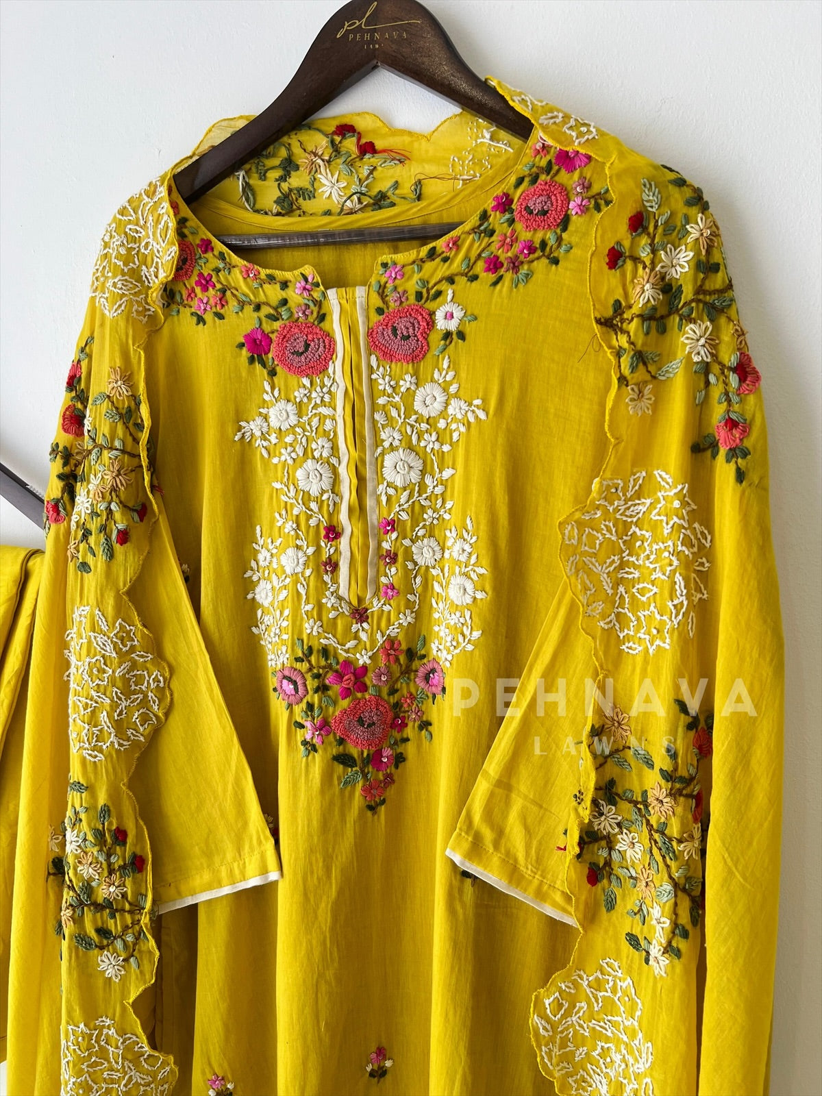 Floral Embroidered Suit with Scalloped Dupatta