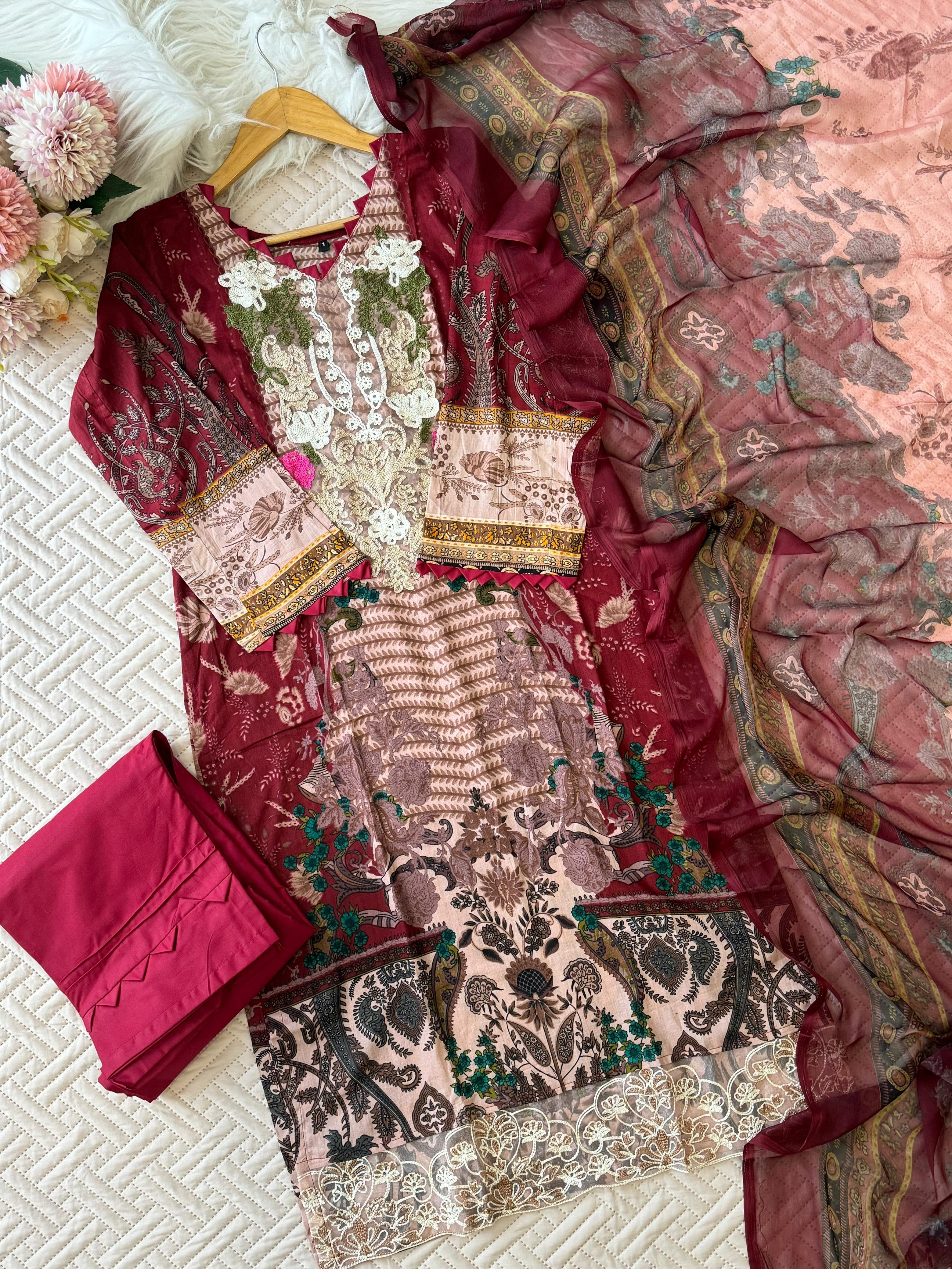Maroon Embroidered Floral Salwar-1099