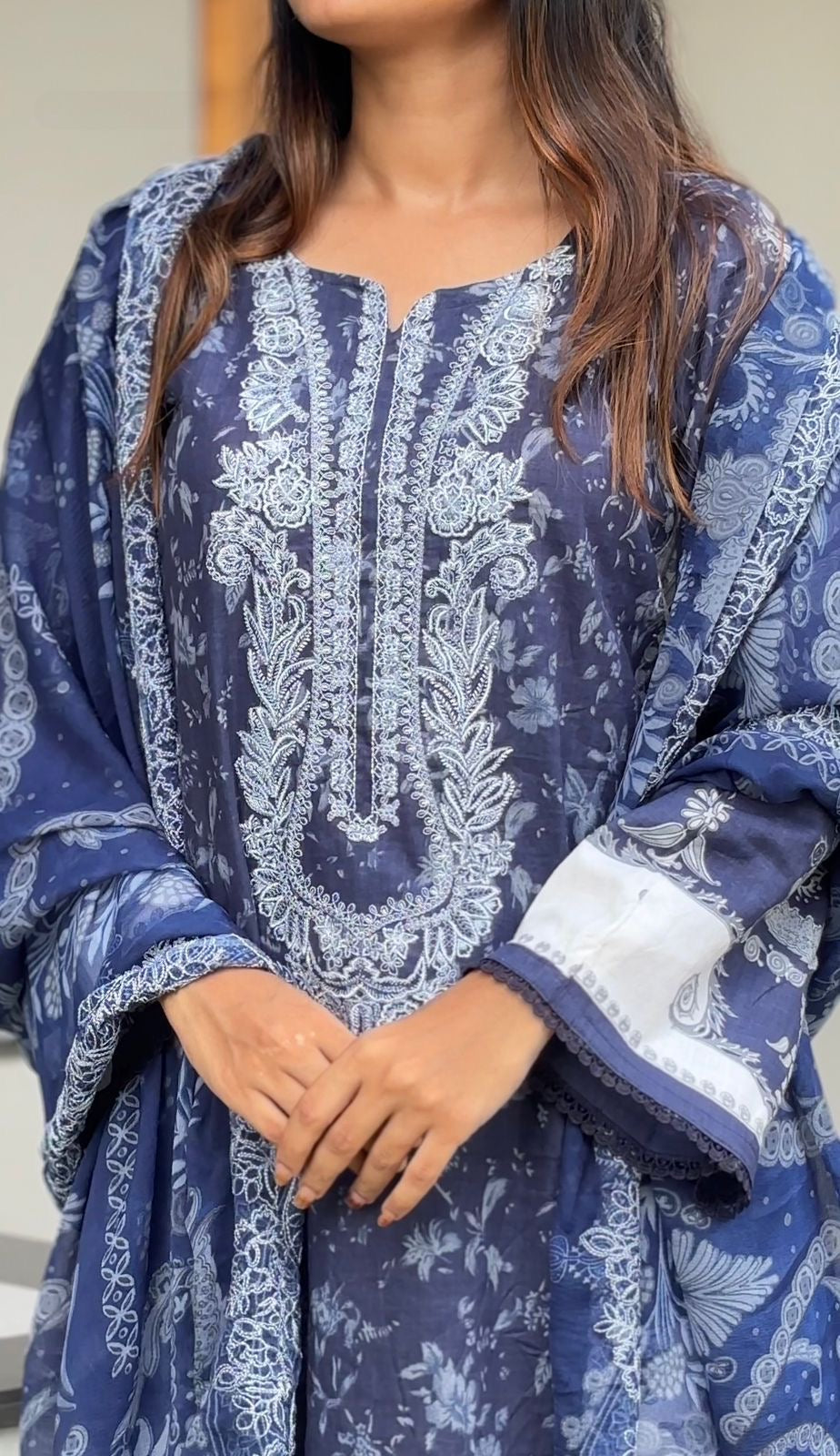 Navy Blue Printed Unstitched Suit 3975