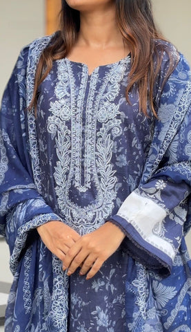 Navy Blue Printed Unstitched Suit 3975