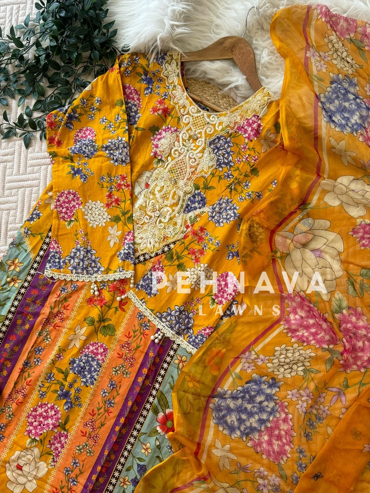 Yellow Cotton Printed PakSuit-1280