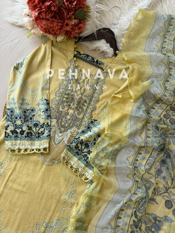 Yellow Pastel Bloom Cotton Suit with Printed Dupatta