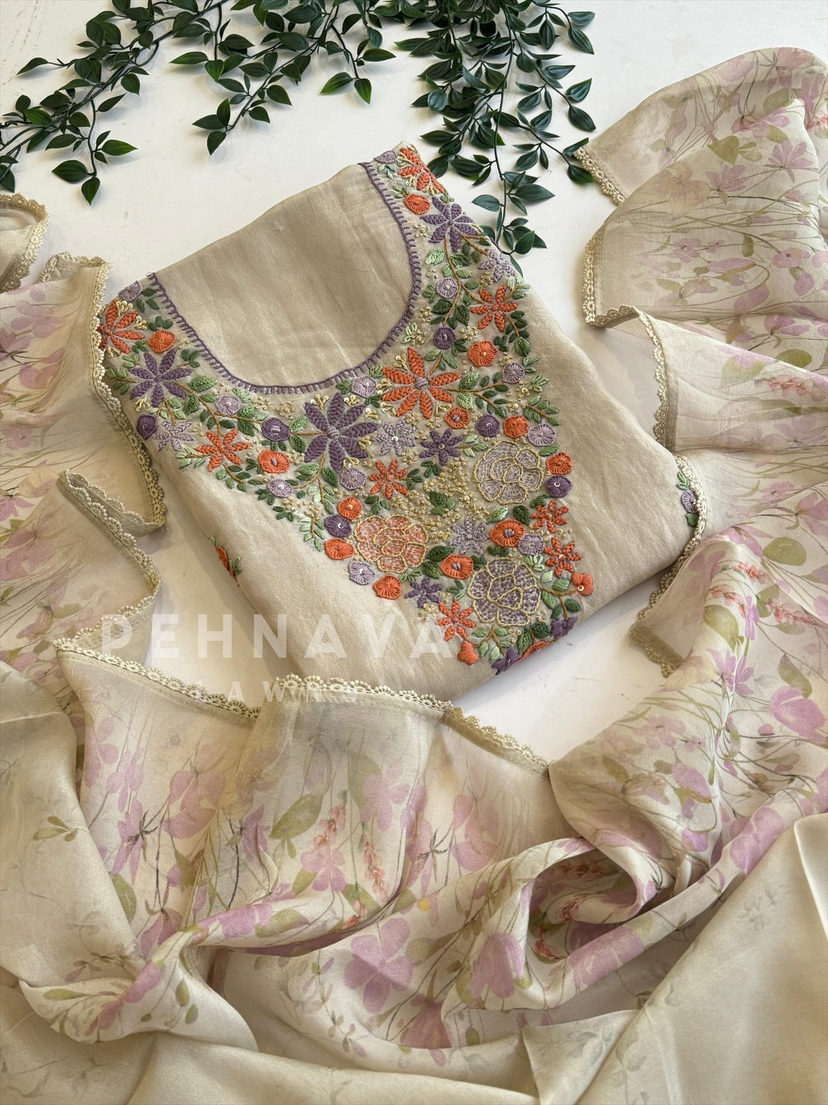 Premium Crushed Tissue Embroidered Unstitched Suit - Pehnava Lawns