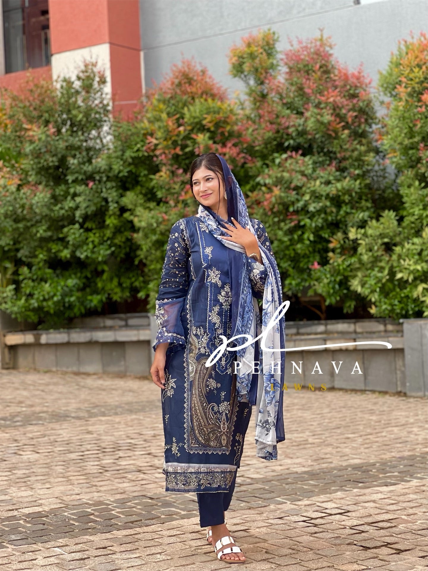 Navy blue Printed casual suit with chiffon dupatta -495