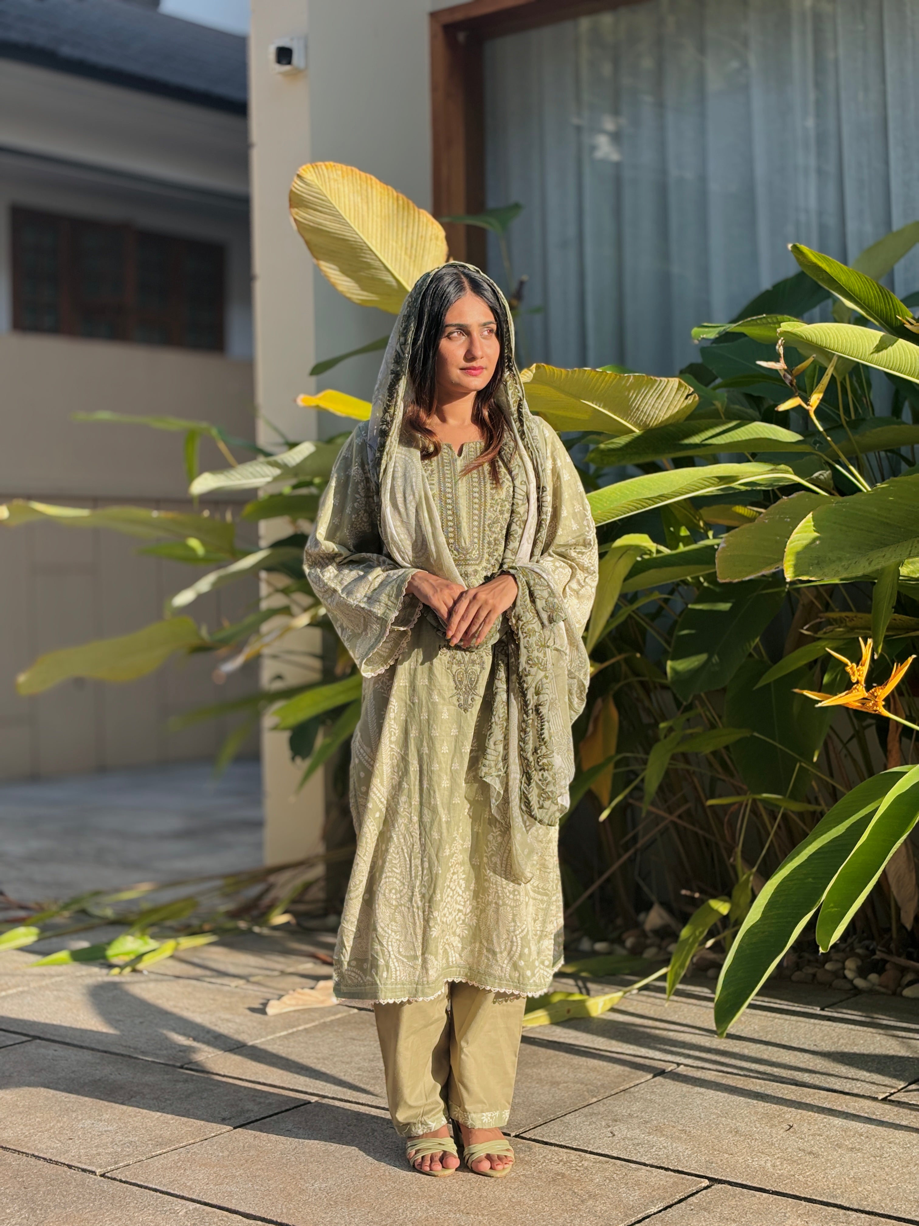 Green Printed Unstitched suit 3976