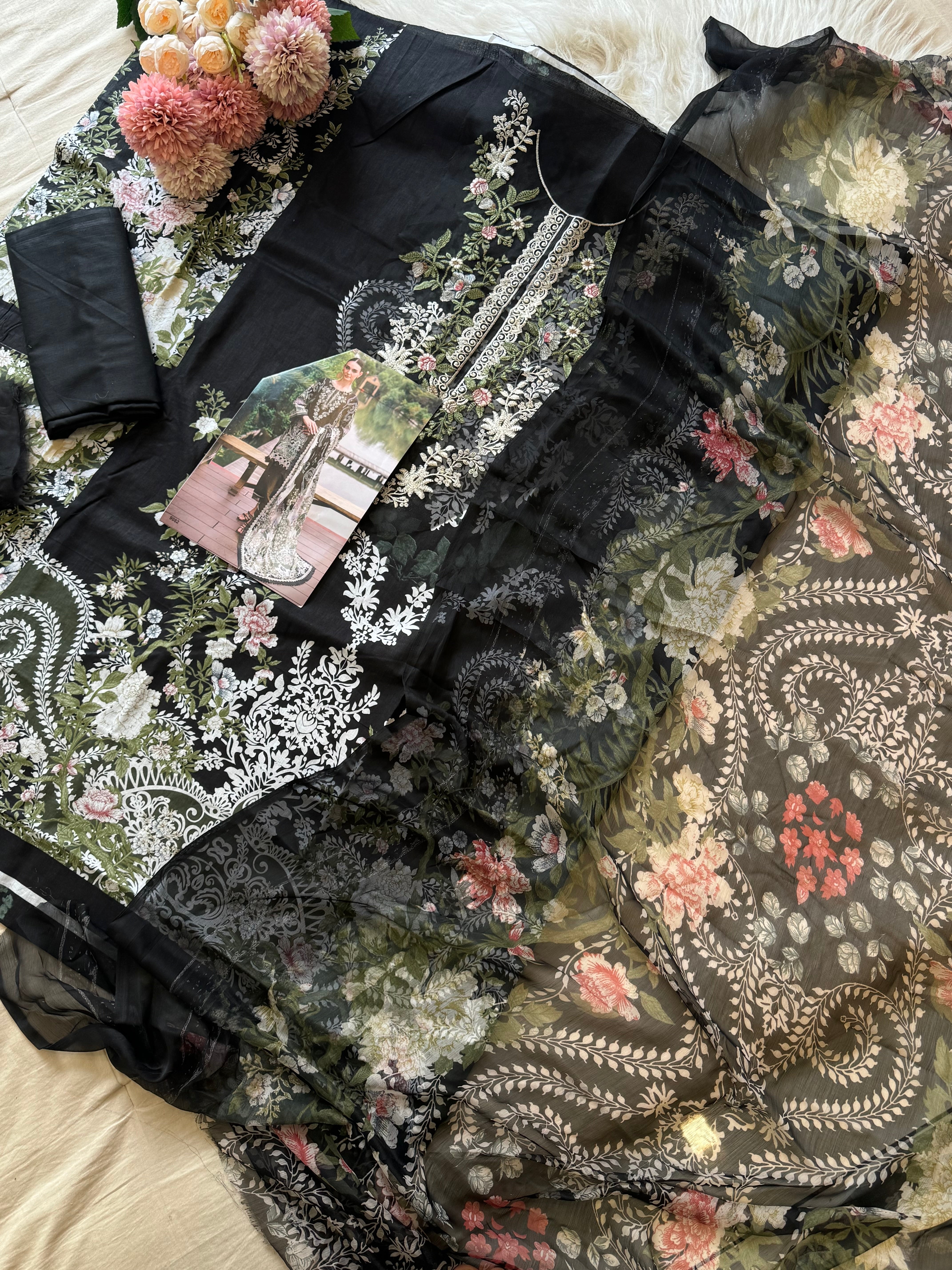 Pakistani printed cotton suit with embroidered patches -9082