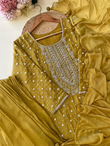 Yellow Pure Chinnon  handworked  Sharara