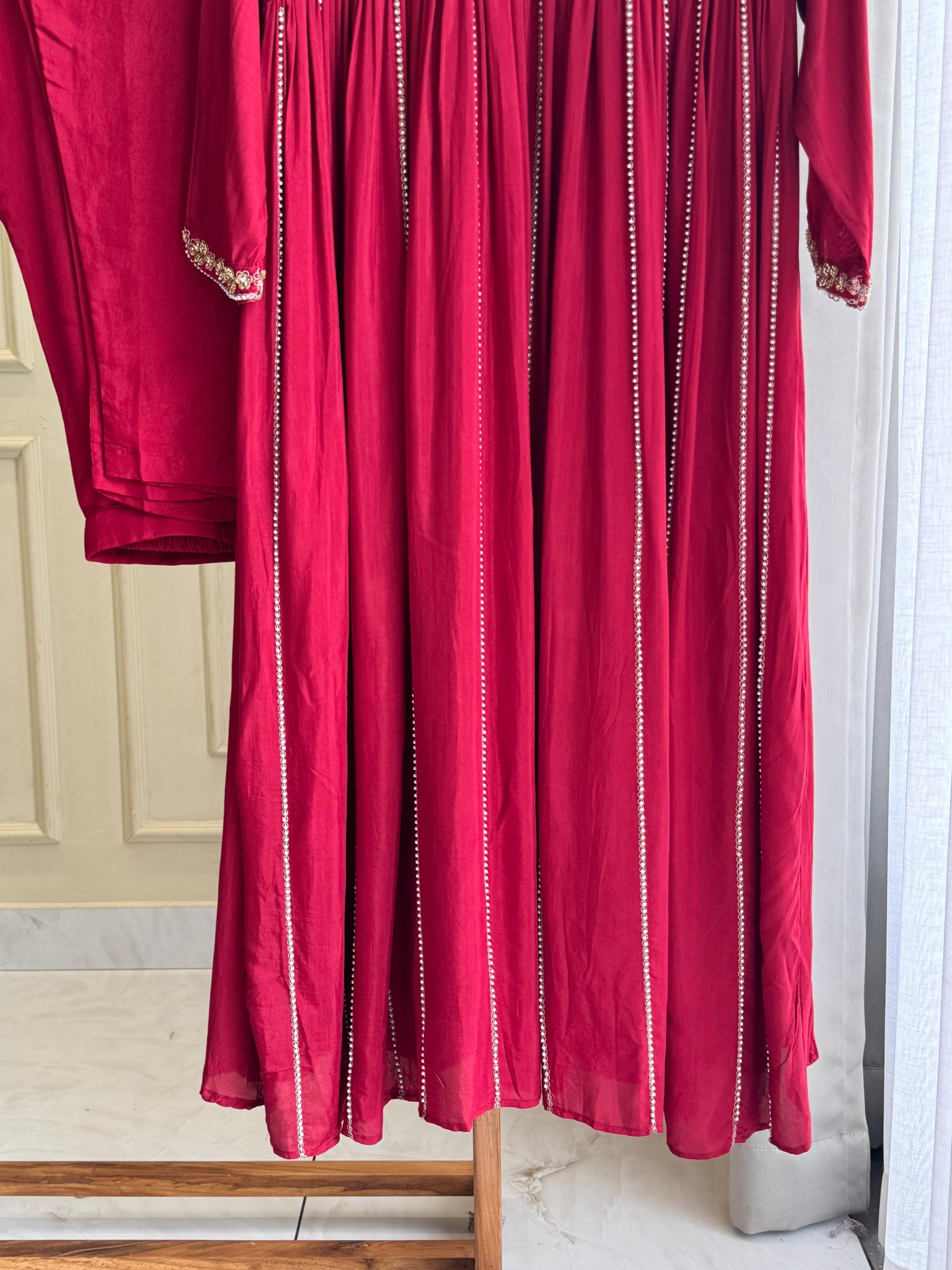 Rayon Anarkali Pleated suit with Pearl detailings