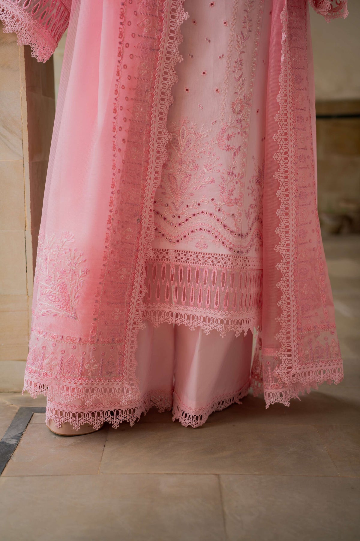 Azzal luxurious stitched embroidered suit - CORAL - Pehnava Lawns