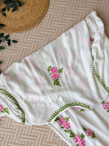 White & Pink Chikankari Rayon Kurta Set