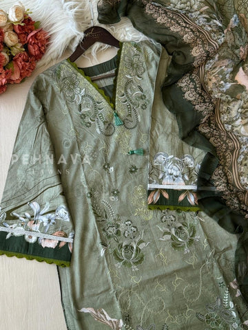 Floral Embroidered Cotton Suit Green-4109
