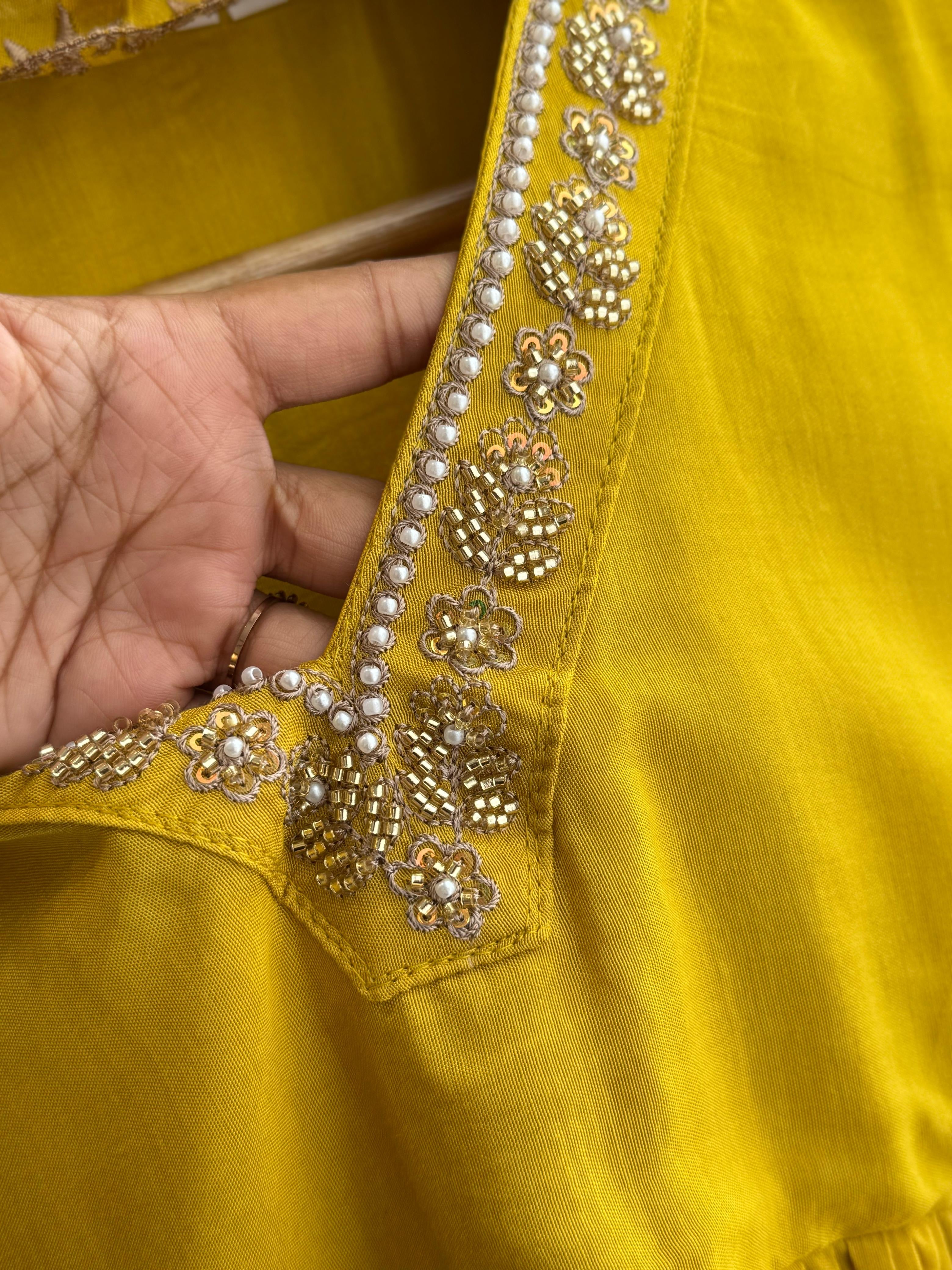 Rayon Anarkali Pleated suit with Pearl detailings
