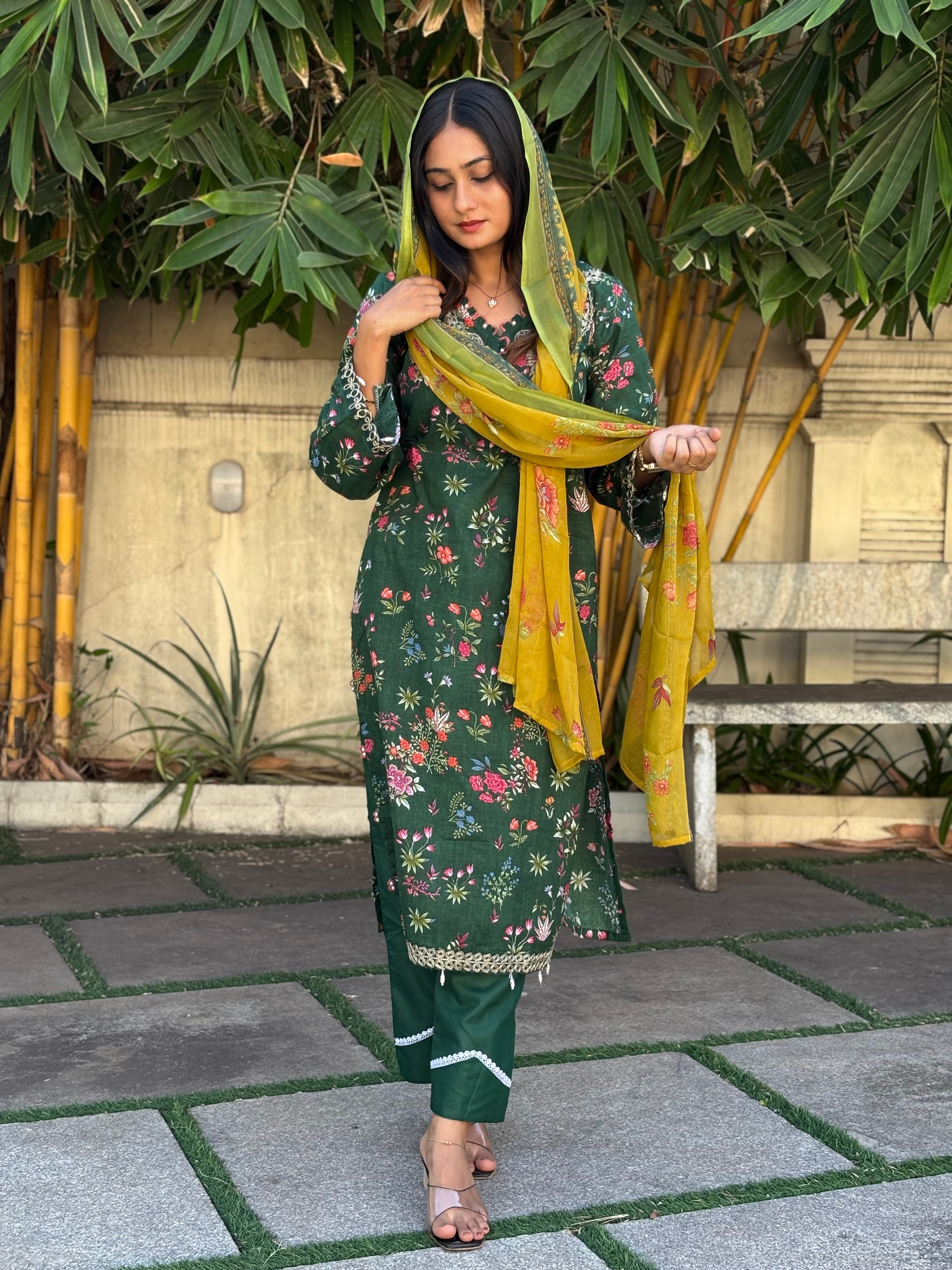 Floral Printed Ethnic Pak-Suit Ft. Chiffon Dupatta-004