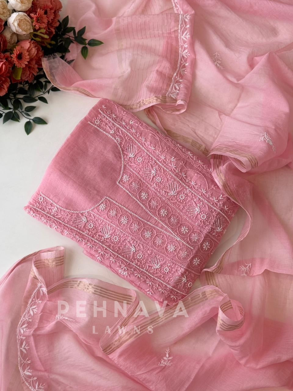 Pink Authentic Chikankari Unstitched  Suit - Pehnava Lawns