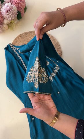 Premium Teal Kurti With Gold Embroidery