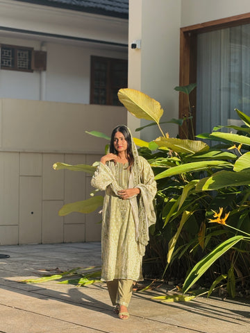 Green Printed Unstitched suit 3976