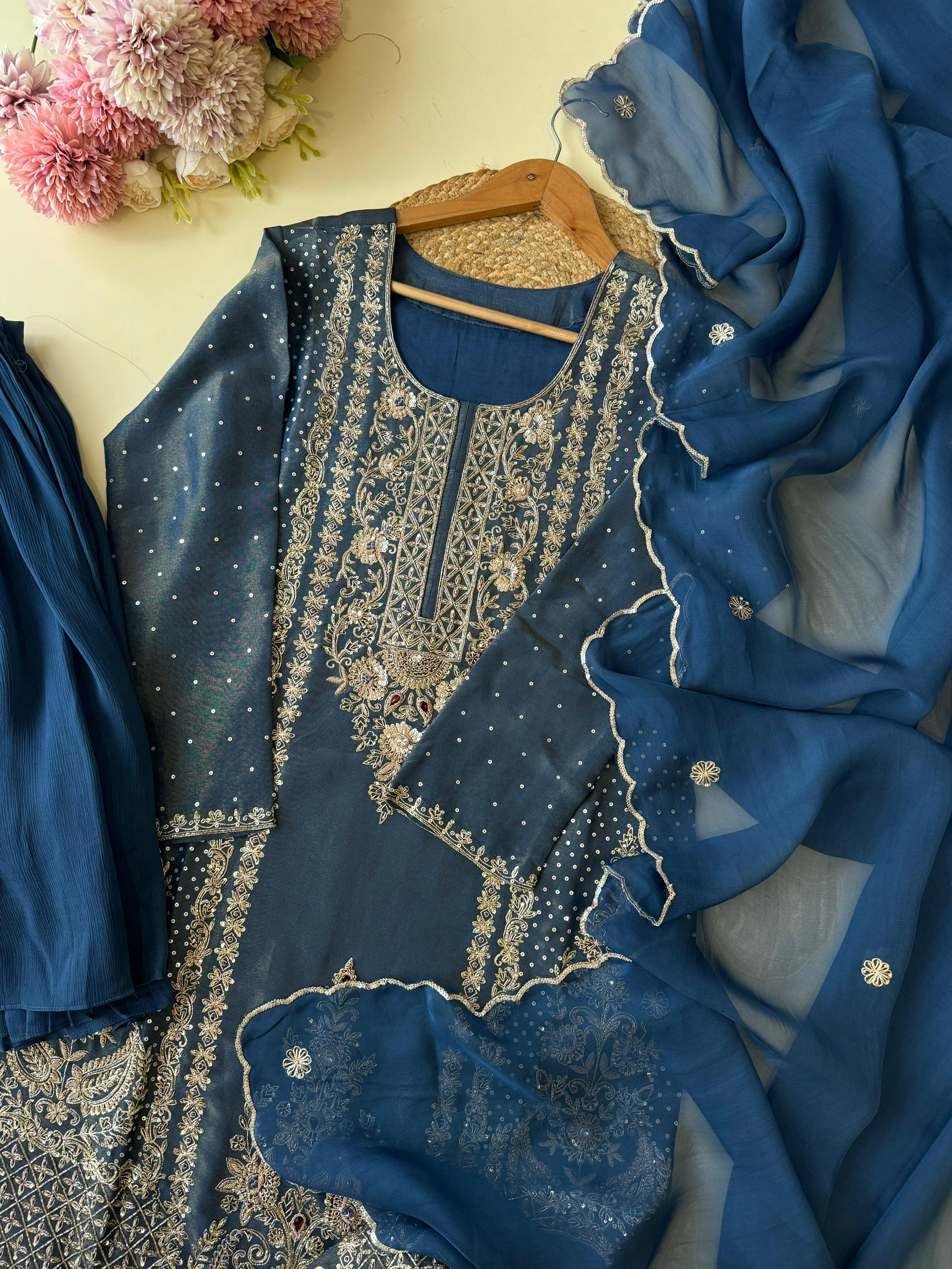 Heavy Handworked Tissue suit with sharara-56671