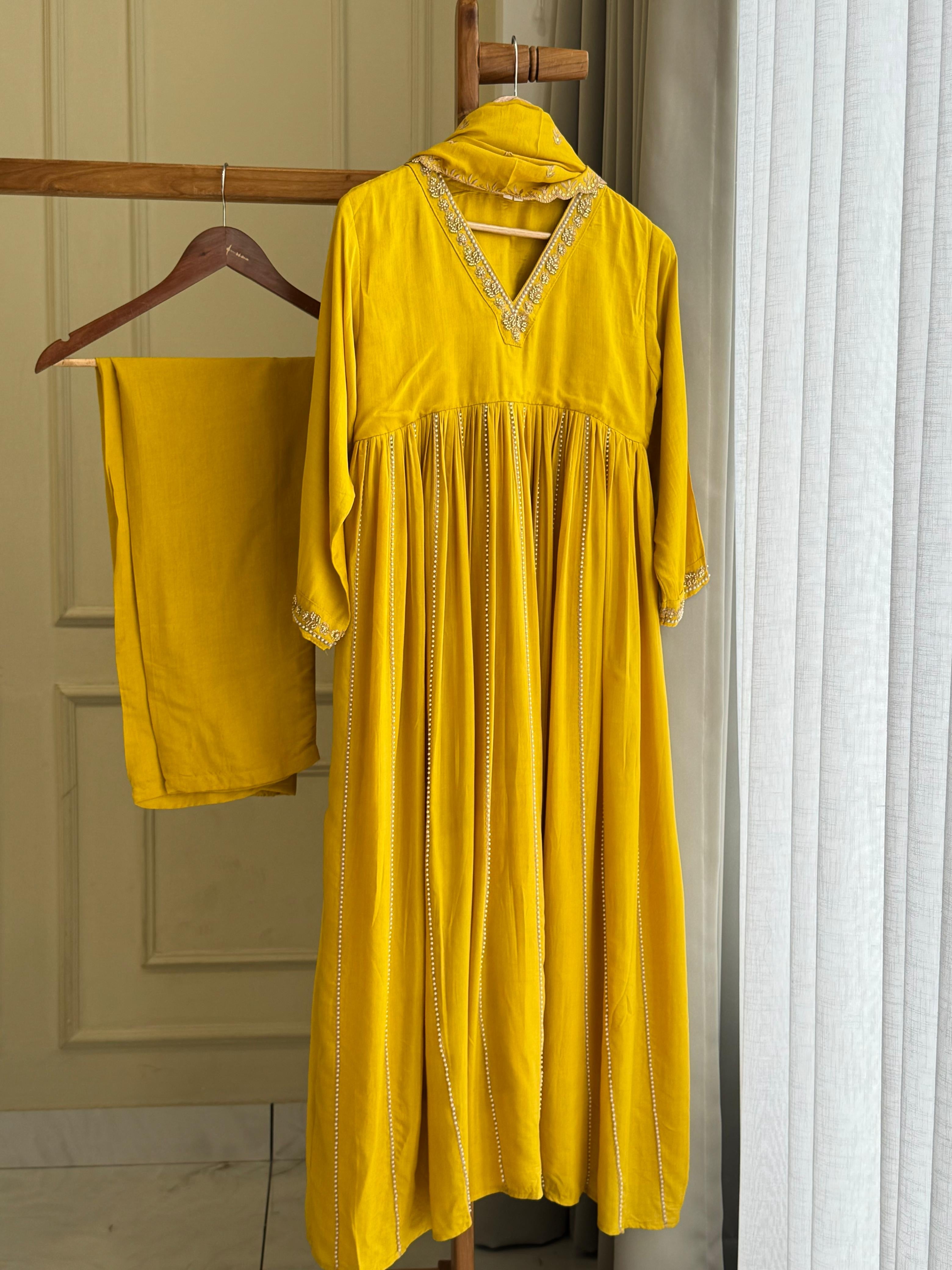Rayon Anarkali Pleated suit with Pearl detailings