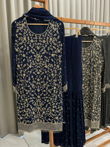 Heavy hand-worked suit with wide sharara