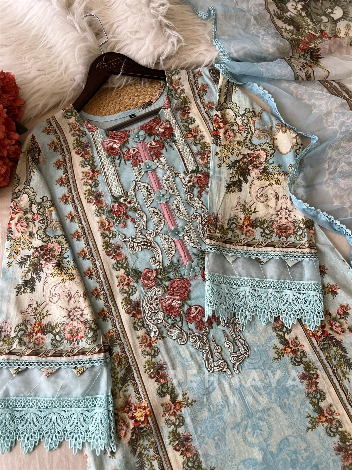 Cotton Lace Detail Suit Set-1482