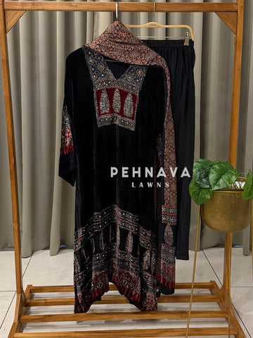Velvet Ajrak Printed Three Piece Ensemble-1314