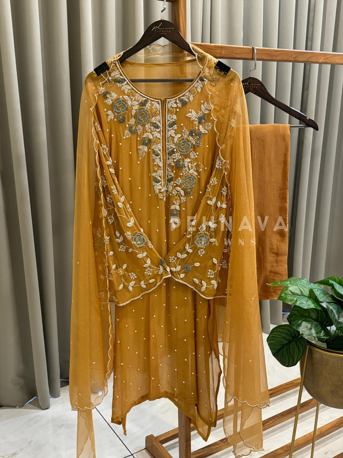 Premium Chiffon Handwork Suit With Bottom and Organza  Hand  Worked Dupatta 1180 - Pehnava Lawns