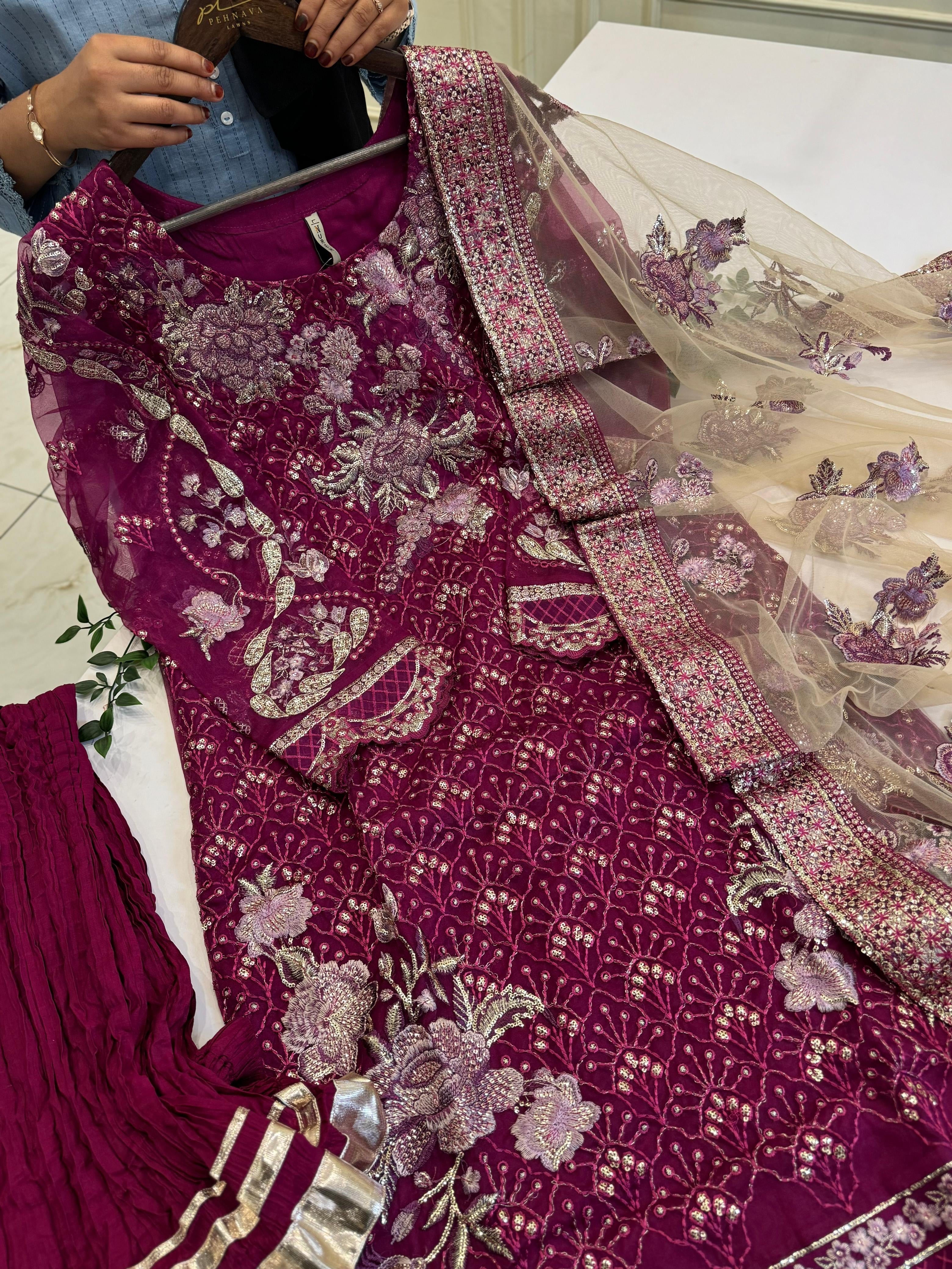 Maroon Embroidered Sharara Suit