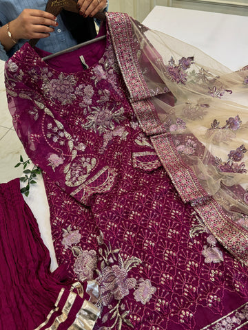 Maroon Embroidered Sharara Suit