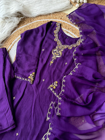 Silk hand detailed suit with organza scalloped dupatta -purple 8650