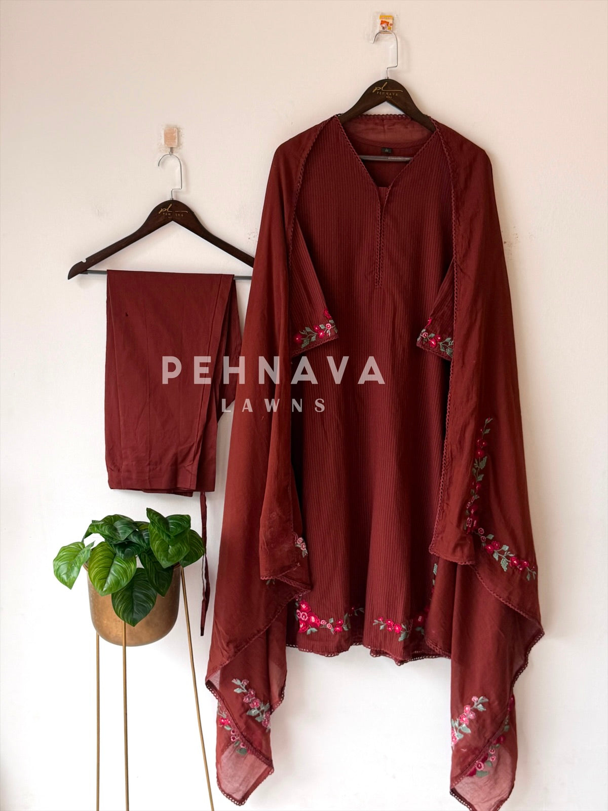 Cotton Embroidered Three Piece Suit-17364