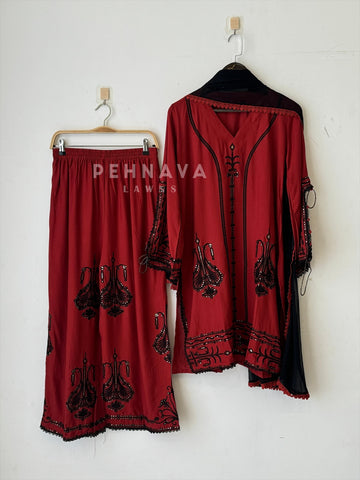 New Crimson Red Trendy Farshi Salwar - Pehnava Lawns
