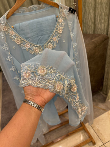 Premium organza  handwork suit with bottom and organza  hand  worked dupatta-2247