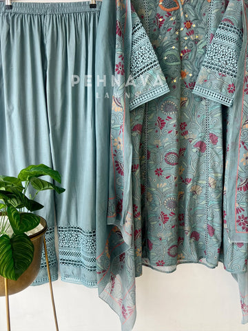 Floral Print Cotton Suit with Lace
