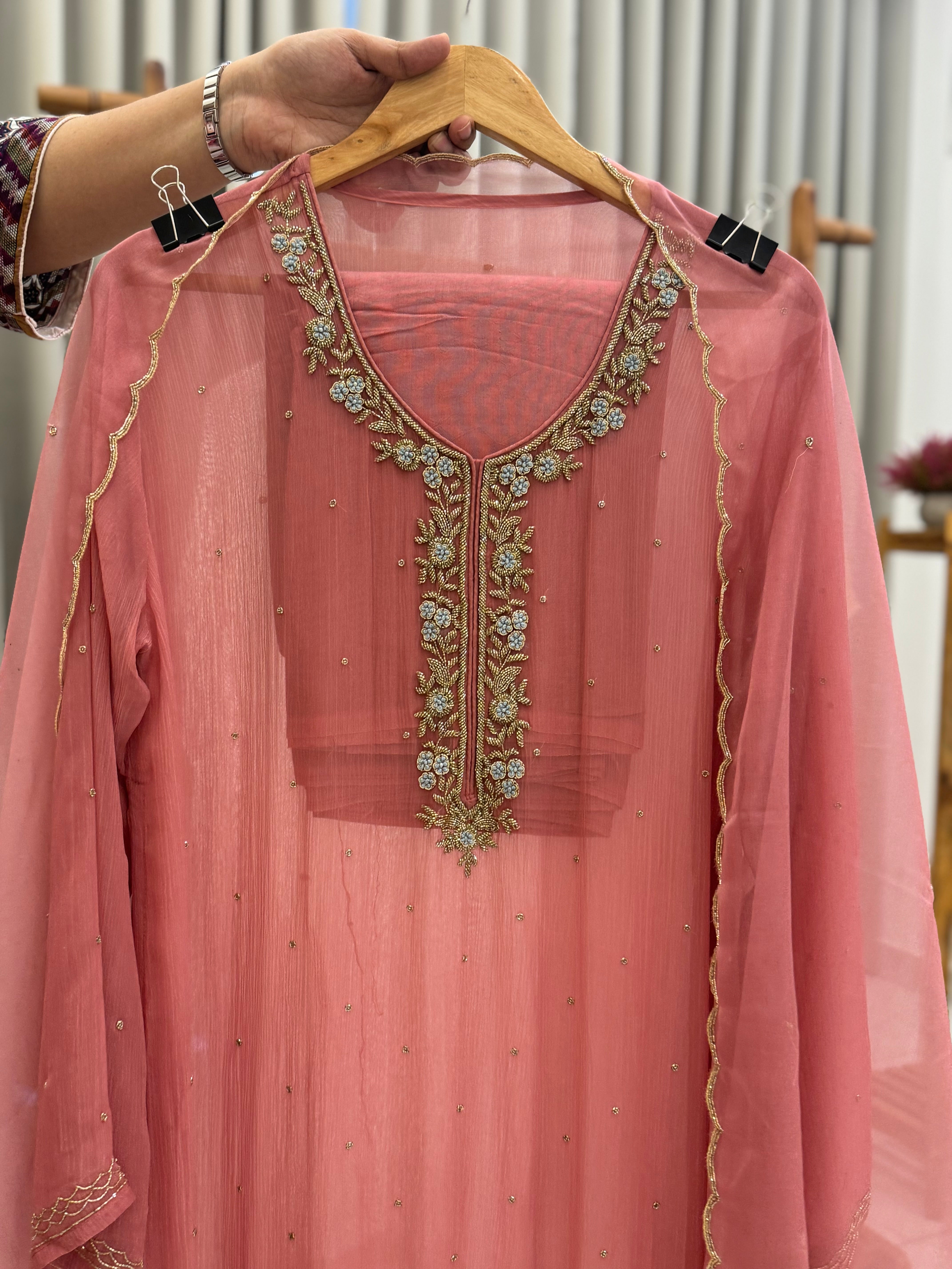 Premium chiffon handwork semi-stitched suit-pink
