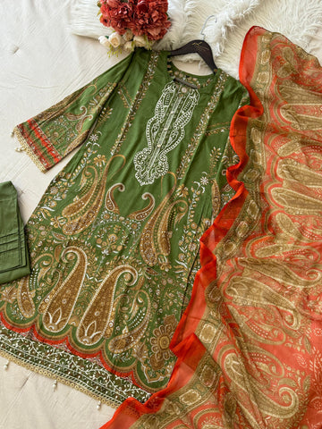 Green Printed Pakistani Cotton Suit with Chiffon Dupatta 1350
