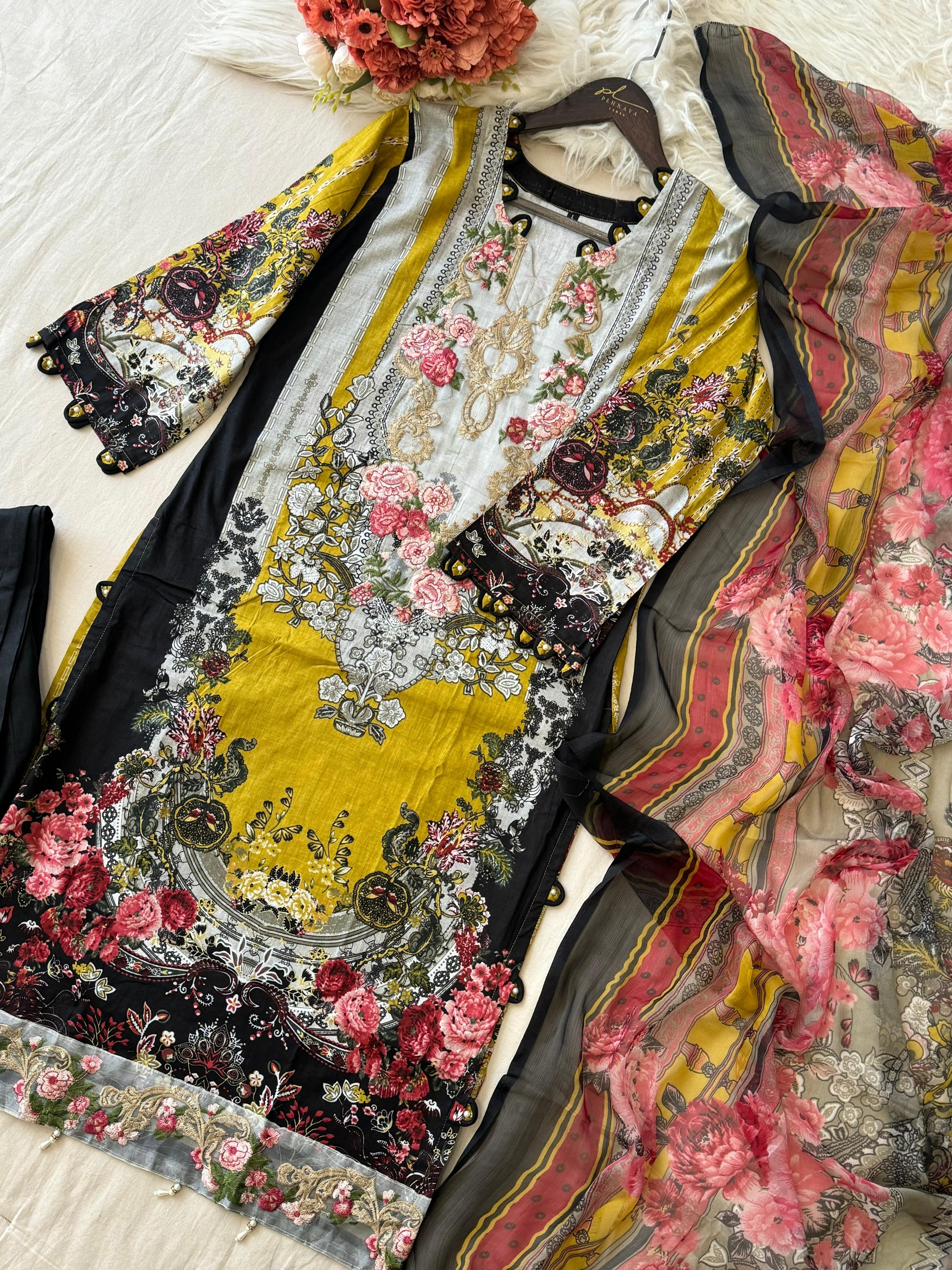 Vintage Floral Charm Mustard Suit With Printed Dupatta