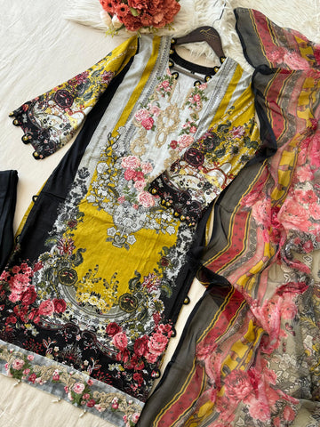 Vintage Floral Charm Mustard Suit With Printed Dupatta