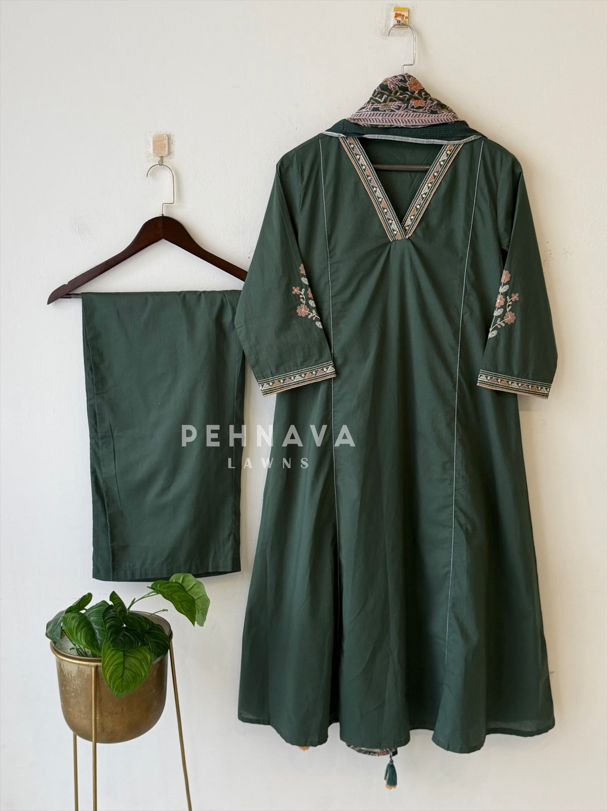 V-Neck Embroidered Panel Suit Set-13230 - Pehnava Lawns