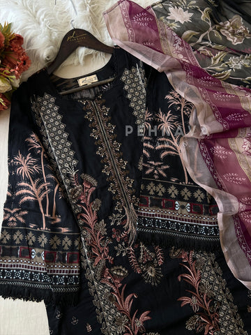 Embroidered cotton suit with chiffon dupatta - Black (Pre-booking 15-20 Days Dispatching Time ) - Pehnava Lawns